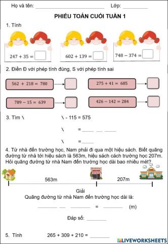 Phiếu Toán cuối tuần 1