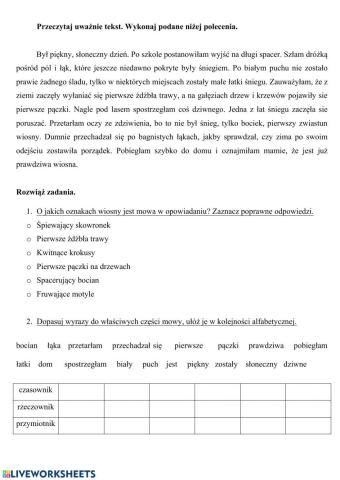Wiosna - czytanie ze zrozumieniem